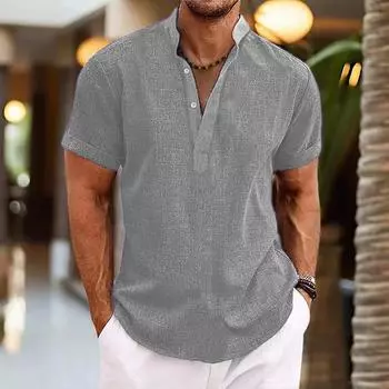 Летние мужские рубашки, окрашенные в стиле ретро, с коротким рукавом, топ со стоячим вырезом, повседневная рубашка на пуговицах S чёрный