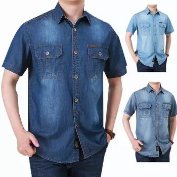 Летние мужские рубашки рубашки поло рубашка с коротким рукавом плюс размер свободная джинсовая рубашка с коротким рукавом дышащая удобная M