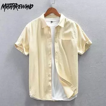 Летние мужские рубашки с коротким рукавом, повседневные свободные рубашки с отворотами из чистого хлопка, застегивающиеся на пуговицы, простые универсальные мужские топы M чёрный