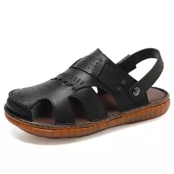 Летние мужские сандалии 2025 года, новые кожаные тапочки двойного назначения, мужские повседневные универсальные сандалии для вождения, пляжная обувь с сумкой 38