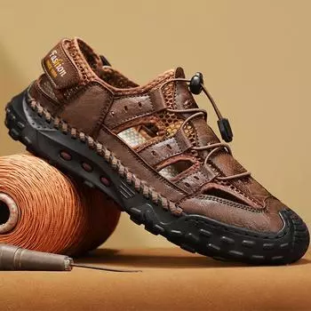Летние мужские сандалии большого размера, модные римские сандалии, повседневная обувь из сетки ручной работы, мужские пляжные сандалии на платформе для отдыха на открытом воздухе 39 светло-коричневого