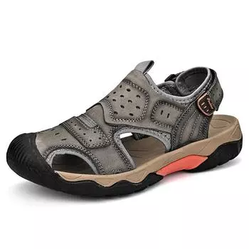 Летние мужские сандалии Дышащие уличные сандалии из натуральной кожи Повседневные пляжные сандалии 38 серый