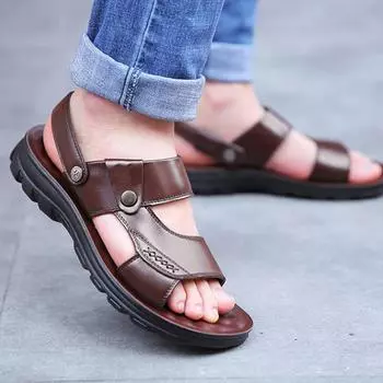 Летние мужские сандалии из кожи, пляжная обувь, мужские сандалии для студентов с мягкой подошвой, мужские противоскользящие массажные 44 чёрный