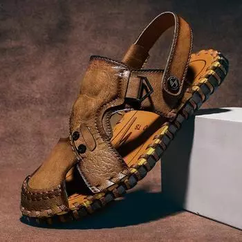 Летние мужские сандалии из кожи ручной работы для походов на открытом воздухе, пляжная обувь, модные и повседневные сандалии 39 чёрный