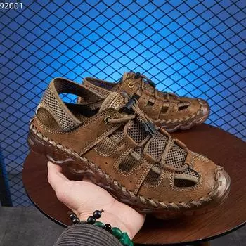 Летние мужские сандалии из натуральной кожи, противоскользящие и износостойкие, уличная пляжная обувь с носком для отдыха, сандалии и тапочки 38