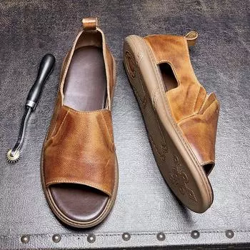 Летние мужские сандалии из натуральной кожи, пляжные сандалии для отдыха на открытом воздухе, дышащая обувь, мужские римские сандалии с открытым носком ручной работы, тапочки 6 чёрный