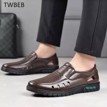 Летние мужские сандалии из натуральной кожи, дышащие, ажурные, классические, мужские сандалии на плоской подошве, повседневные мужские сандалии из цельной резиновой кожи 38 коричневый