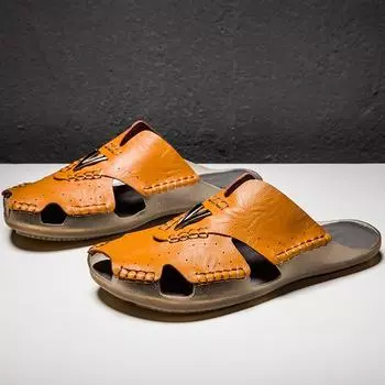 Летние мужские сандалии из натуральной кожи, классические дышащие сандалии без шнуровки, мужская повседневная пляжная обувь, уличные тапочки, большие размеры 38 темно-коричневого