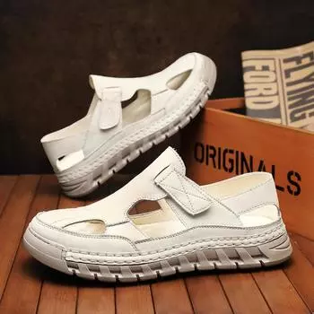 Летние мужские сандалии из натуральной кожи, полые пляжные сандалии, повседневная обувь 39 покинуть белый