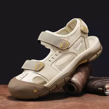 Летние мужские сандалии из натуральной кожи, полые пляжные сандалии, повседневная обувь 39 песочный