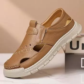 Летние мужские сандалии из натуральной кожи, уличные туфли на плоской подошве, прогулочные сандалии, мужские пляжные римские сандалии, модные мужские кроссовки на платформе 38 коричневый