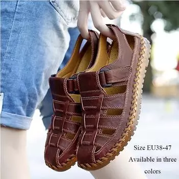 Летние мужские сандалии из воловьей кожи, повседневная мужская обувь большого размера, сшитая вручную, дышащая уличная пляжная обувь с открытыми отверстиями 38 чёрный