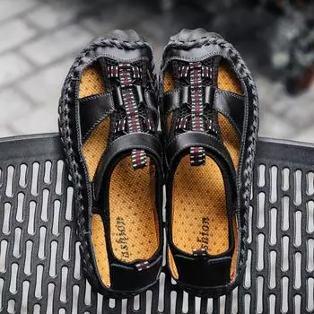 Летние мужские сандалии кожаные сандалии повседневная обувь мужские римские пляжные сандалии сандалии нескользящая дышащая обувь для отдыха на природе 48 чёрный