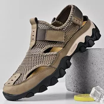 Летние мужские сандалии, кроссовки ручной работы, сетчатые пляжные сандалии, дышащая повседневная обувь 39 чёрный