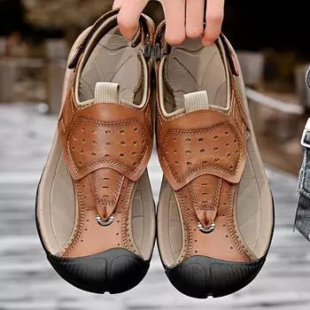 Летние мужские сандалии мужские сандалии из натуральной кожи классические римские туфли мягкие уличные кроссовки пляжные резиновые плоские мужские треккинговые сандалии 38 чёрный