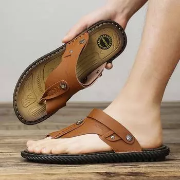 Летние мужские сандалии, нескользящие шлепанцы для мужчин, пляжные сандалии, кожаные тапочки на мягкой подошве, мужские повседневные сандалии для отдыха на открытом воздухе, большой размер 38 чёрный