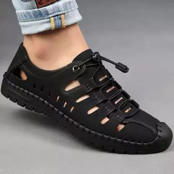 Летние мужские сандалии, полые кожаные туфли, мягкие повседневные классные кожаные туфли, дышащие дырчатые туфли, летняя обувь для пап среднего и пожилого возраста 39