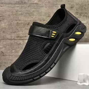 Летние мужские сандалии ручной работы из дышащей сетки, повседневная обувь 39 чёрный