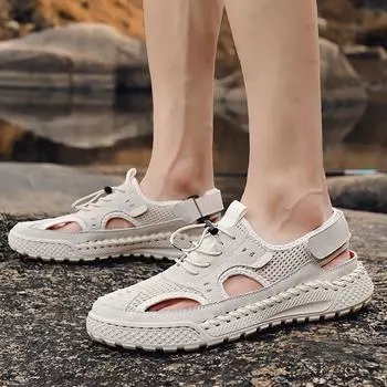 Летние мужские сандалии ручной работы из дышащей сетки, повседневная обувь 39 чёрный