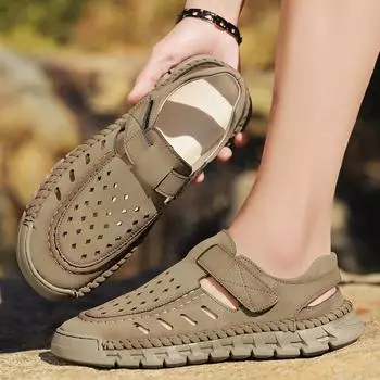 Летние мужские сандалии ручной работы из кожи, открытые пляжные сандалии 39 хаки