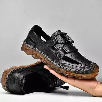 Летние мужские сандалии ручной работы с отверстиями, дышащая пляжная обувь 39 чёрный