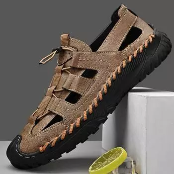 Летние мужские сандалии ручной работы, уличные сандалии, кожаные сандалии, пляжная обувь, походные уличные сандалии из кожи 40 чёрный