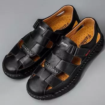 Летние мужские сандалии ручной работы, уличные сандалии из натуральной кожи, сетчатые ретро-повседневные пляжные сандалии 39 чёрный
