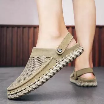 Летние мужские сандалии ручной работы. Универсальный и удобный стиль. Дышащие тапочки на плоской подошве для отдыха на открытом воздухе. Качественная обувь. 39 бежевый