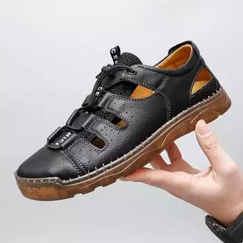 Летние мужские сандалии с эластичной резинкой, высококачественная пляжная обувь для отдыха на открытом воздухе, дизайнерские нескользящие тапочки из коровьей кожи для мужчин, сандалии с выемками 38 чёрный