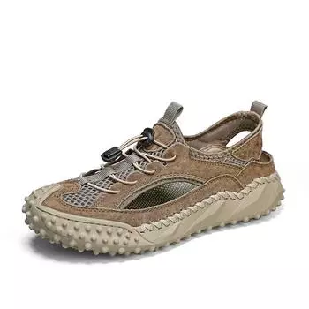 Летние мужские сандалии с дышащей подошвой, универсальные, ручной работы, для поездок на работу, на природу, для пляжа, новые повседневные туфли на плоской подошве 38 чёрный