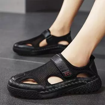 Летние мужские сандалии с полой дышащей сеткой, мужская обувь большого размера 39 чёрный