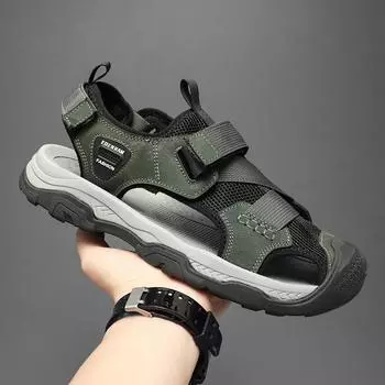 Летние мужские сандалии с защитой от столкновений, летняя обувь для прогулок на открытом воздухе, повседневная кожаная обувь для походов, мужская обувь для заброда, открытая пляжная обувь на плоской подошве 38 чёрный