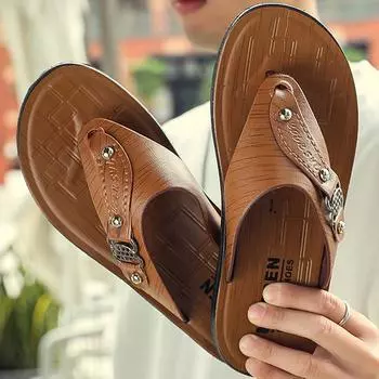 Летние мужские сандалии, садовая обувь, повседневные пляжные сандалии и тапочки, мужские кожаные сандалии вьетнамки 39 коричневый