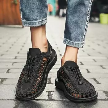 Летние мужские сандалии женские тапочки плетеный дизайн пляжные сандалии дышащие повседневные сандалии на плоской подошве уличные парные сандалии размер 48 36 чёрный