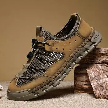 Летние мужские сетчатые туфли, дышащие полые кроссовки для активного отдыха, мужская нескользящая обувь 39 хаки