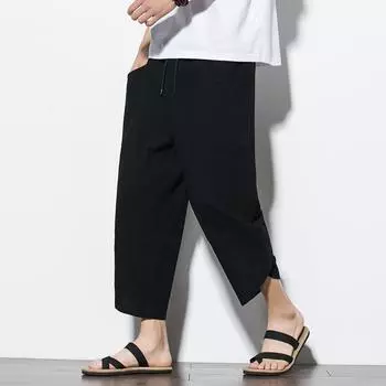 Летние мужские шаровары из хлопка и льна в китайском стиле, мужские ретро-уличные пляжные шорты, мужские повседневные брюки длиной до икр, M-5XL XXXXXL чёрный