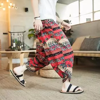 Летние мужские широкие брюки с цветочным узором из хлопка, шаровары, мужские повседневные брюки в стиле хип-хоп, брюки с перекрестными штанинами длиной до икр, спортивные брюки в уличном стиле XXXXXL белый