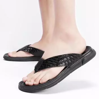 Летние мужские шлепанцы Мужские тапочки из натуральной кожи Удобные пляжные сандалии Мужская повседневная обувь Домашние шлепанцы Обувь для ванной 38 чёрный