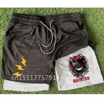 Летние мужские шорты для фитнеса, быстросохнущие поддельные двухсекционные шорты, спортивные штаны с принтом, двухслойные спортивные штаны 2-в-1, M-3XL M