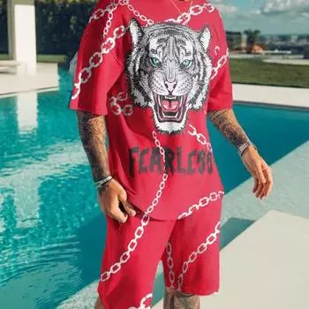 Летние мужские шорты с круглым вырезом и короткими рукавами + шорты с голубыми глазами, белый тигр, 3d принт, модная свободная футболка для отдыха, спортивный костюм S