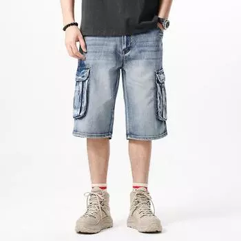 Летние мужские синие джинсовые шорты с несколькими карманами, уличная одежда, свободные прямые джинсовые шорты большого размера 30 синий