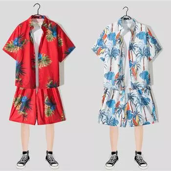 Летние мужские свободные повседневные рубашки, модный пляжный гавайский стиль, молодежная спортивная одежда с цветочным принтом M белый/зелёный