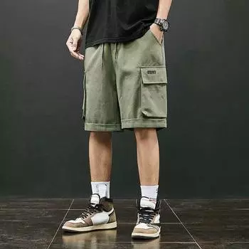 Летние мужские свободные прямые брюки-карго, повседневные широкие шорты больших размеров, спортивные штаны с пятью точками M армия зеленый