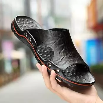 Летние мужские тапочки из натуральной кожи, дышащие сандалии, пляжные классические кожаные шлепанцы, шлепанцы для отдыха на природе, мужская обувь больших размеров 38 синий