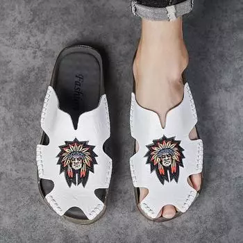 Летние мужские тапочки на плоской подошве, черные, широкие, сандалии для отдыха на открытом воздухе, мягкие, для ходьбы, белые кожаные тапочки, большой размер EU:38 чёрный