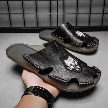 Летние мужские тапочки на плоской подошве, очень широкие сандалии, уличные пляжные повседневные кожаные сандалии с открытым носком, мягкие прогулочные сандалии EU:38 чёрный