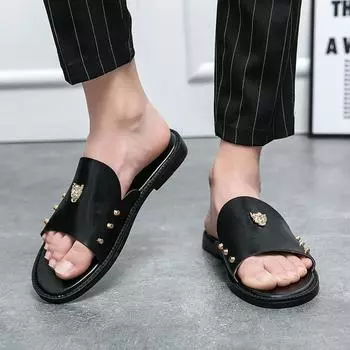 Летние мужские тапочки на плоской подошве, сандалии-шлепанцы, уличные пляжные повседневные мягкие прогулочные тапочки с открытым носком, черные кожаные тапочки EU:38 чёрный