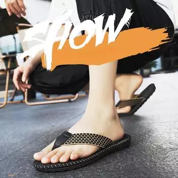 Летние мужские тапочки на толстой подошве и тканым верхом, модные пляжные тапочки с износостойкой текстурой, нескользящие для ношения в помещении и на открытом воздухе 39 чёрный