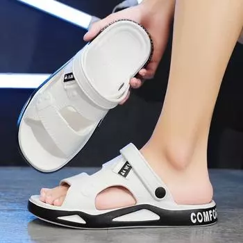 Летние мужские тапочки, новые модные дышащие повседневные пляжные сандалии, удобные домашние мягкие нескользящие мужские тапочки для ванной 40-41 чёрный