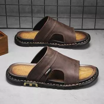 Летние мужские тапочки Повседневная обувь Пляжные сандалии Уличные тапочки Комфортные кожаные легкие тапочки для ходьбы 47 чёрный